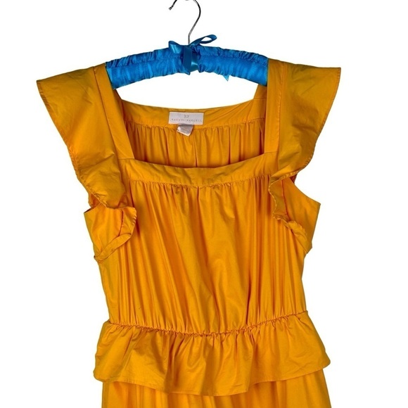 RACHEL PARCELL COTTON POPLIN FLUTTER SLEEVE RUFFLE TIER AMBER YELLOW MIDI DRESS - Picture 4 of 11